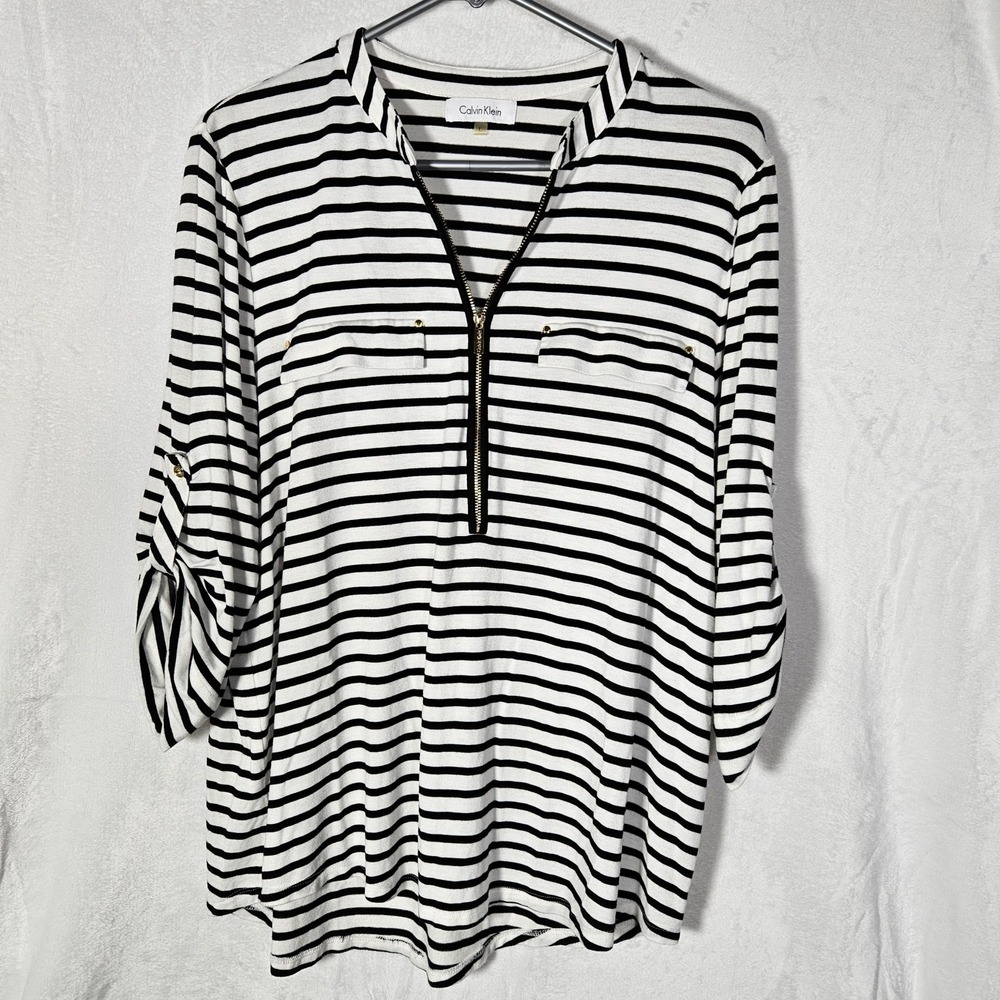 Calvin Klein Striped Zip Blouse Faux Pockets 3/4 Roll-tab Sleeve Black White L